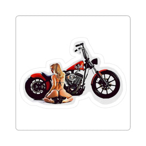 Motorcycle Pin-Up Kiss-Cut Sticker — Sexy Biker Girl on Red Chopper
