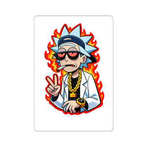 Rick Cartoon Sticker — Cool Rick with Peace Sign & Flames Kiss-Cut Vinyl Sticker