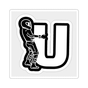 Motorcycle Rider Holding Letter U Sticker – Black Vinyl Kiss-Cut Sticker